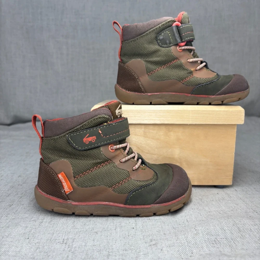See Kai Run Sam Waterproof Hiking Boots Toddler Size 8 Olive Green Brown Orange